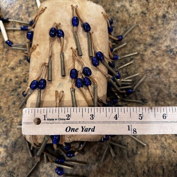 Native American Plains Canteen Bag 10" Leather Brass‎ Conicals Cobalt Blue Beads - Picture 12 of 13